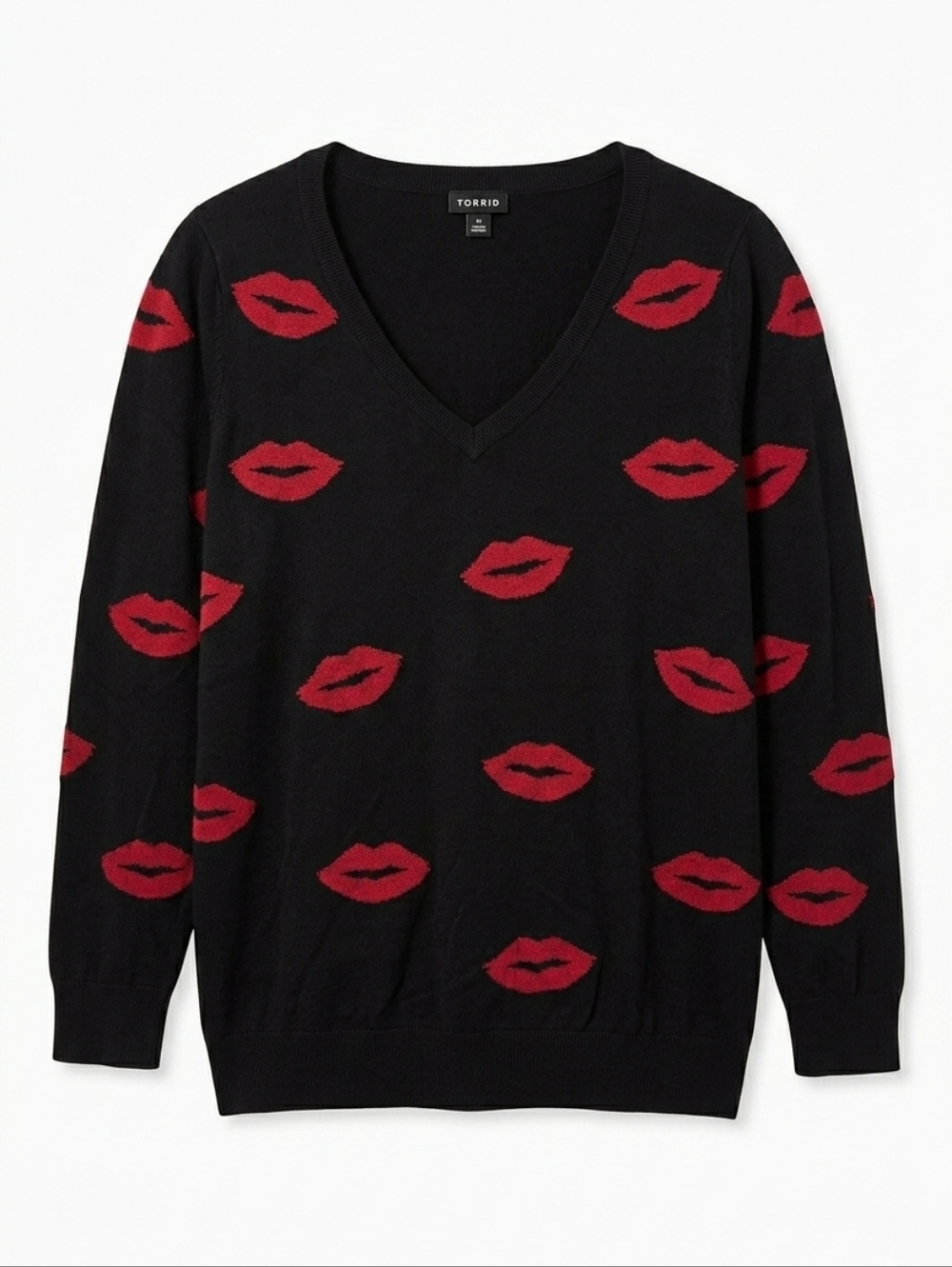 PLUS - Torrid Black V-Neck Sweater with Red Kiss Print